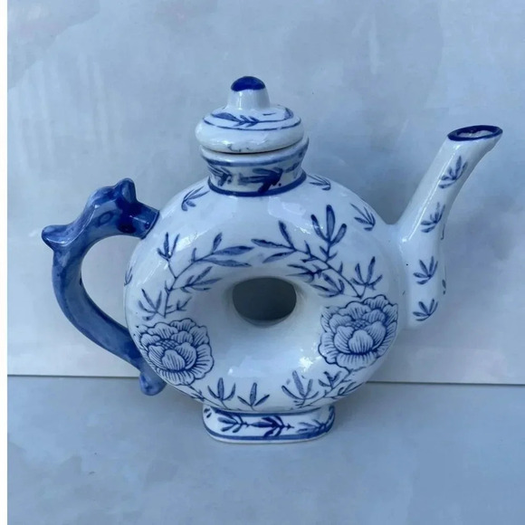 Vintage Collection Doughnut Shape Floral Print Chinese Porcelain Teapot Blue Whi - Picture 6 of 8